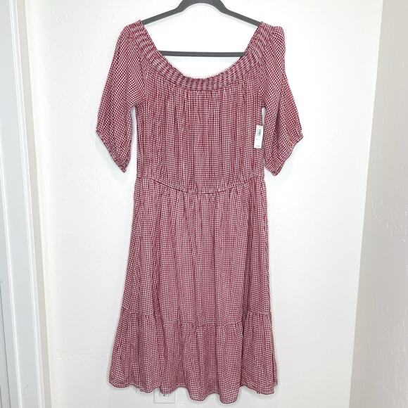 Old Navy Red Gingham Off The Shoulder Midi Dress Womens Plus XXL Country Western - Picture 1 of 8